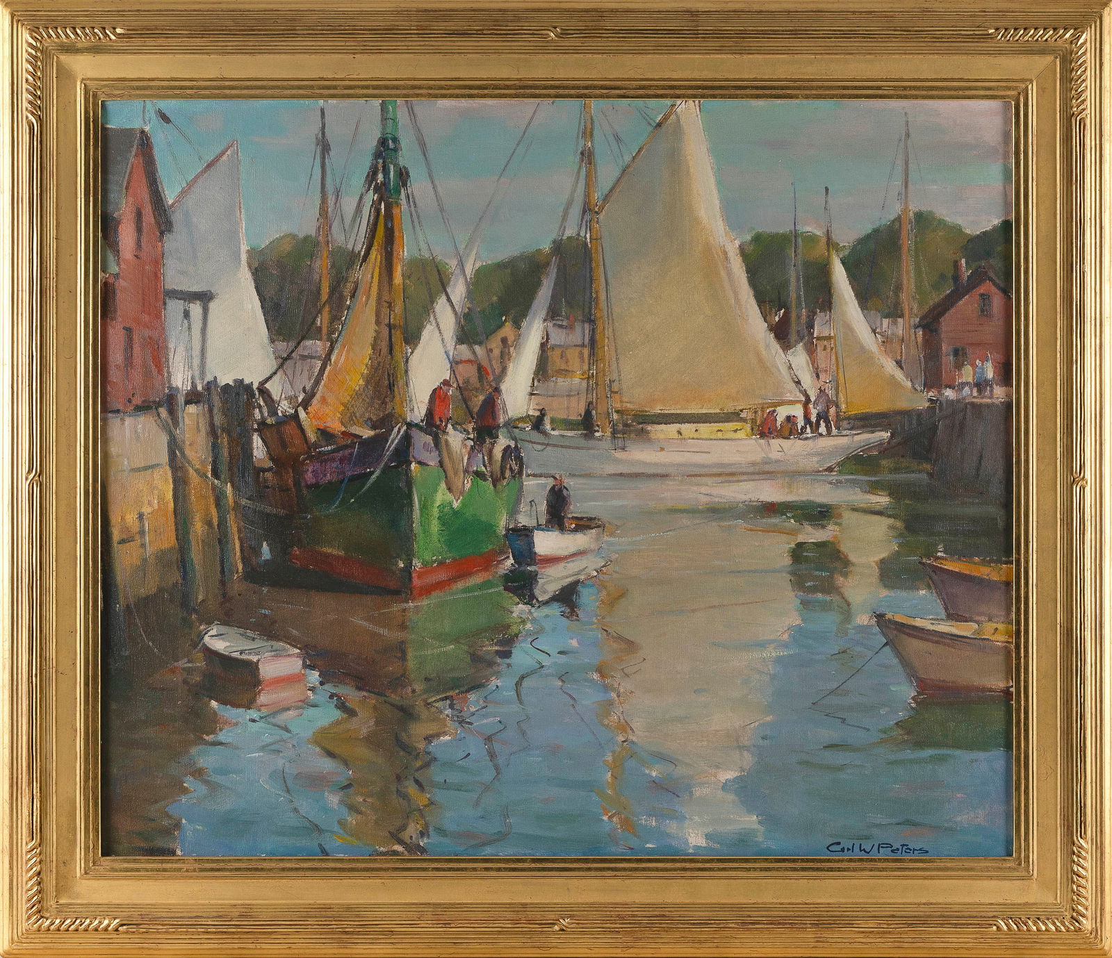 CARL WILLIAM PETERS (New York, 1897-1980), "Sails"., Oil on canvas, 25" x 30". Framed 31.5" x 36.5".: CARL WILLIAM PETERSNew York, 1897-1980"Sails". Signed lower right "Carl W. Peters". Housed in a Goodnow frame.Oil on canvas, 25" x 30". Framed 31.5" x 36.5".