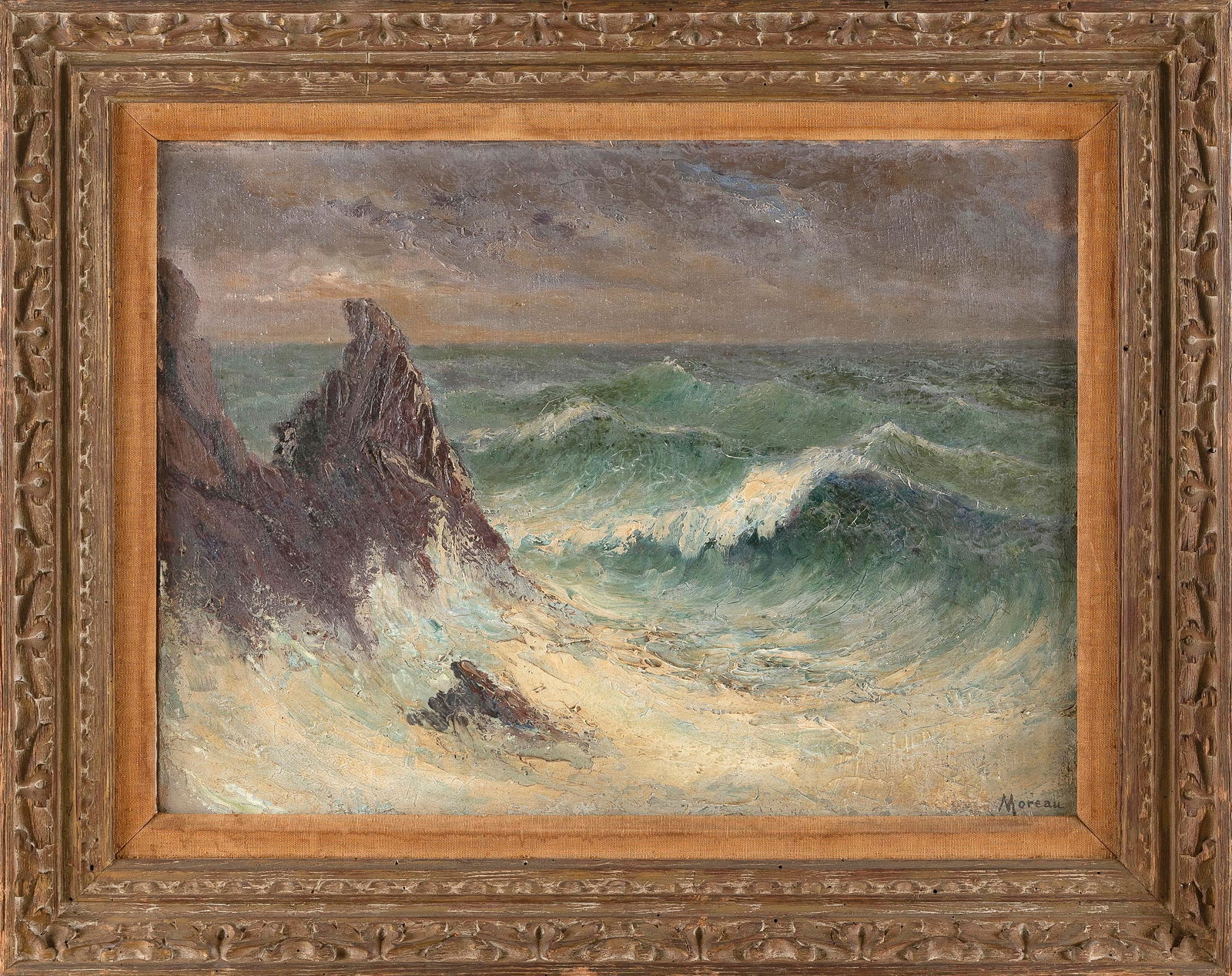 AMERICAN SCHOOL (19th Century,), Waves crashing on a rocky shore., Oil on canvas, 18.25" x 24". (1 of 2)