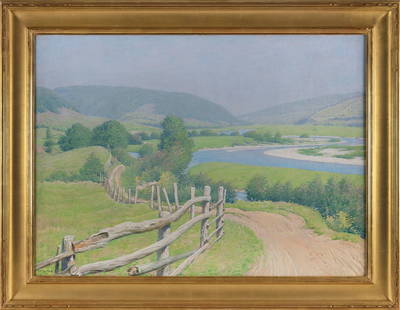 FRANK VINCENT DUMOND (New York/California, 1865-1951), "Winding Road", likely Nova Scotia., Oil on: FRANK VINCENT DUMONDNew York/California, 1865-1951"Winding Road", likely Nova Scotia. Signed lower left "F.V. DuMond". Titled verso.Oil on canvas, 26" x 36". Framed 33" x 43".