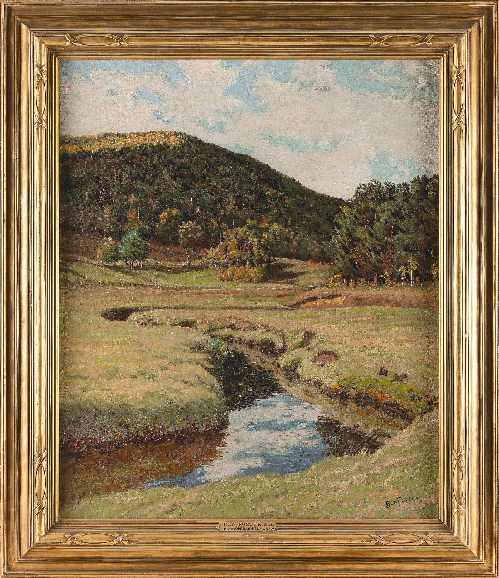 BEN (BENJAMIN) FOSTER (Connecticut/New York/Maine, 1852-1926), "Brook Thou Meadow"., Oil on canvas,: BEN (BENJAMIN) FOSTERConnecticut/New York/Maine, 1852-1926"Brook Thou Meadow". Signed lower right "Ben Foster". Titled on Grand Central Art Galleries label verso. Housed in a hand-carved Newcomb-Mackl