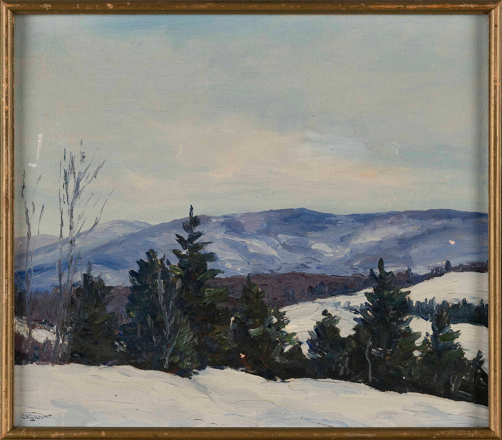 CECIL VEZIN GRANT (Vermont/New Jersey, 1880-1953), "Bromley Mountain Peru Vermont"., Oil on board,: CECIL VEZIN GRANTVermont/New Jersey, 1880-1953"Bromley Mountain Peru Vermont". Signed lower left "C.V. Grant". Titled and dated 1950 verso.Oil on board, 12" x 14". Framed 12.5" x 14.5".