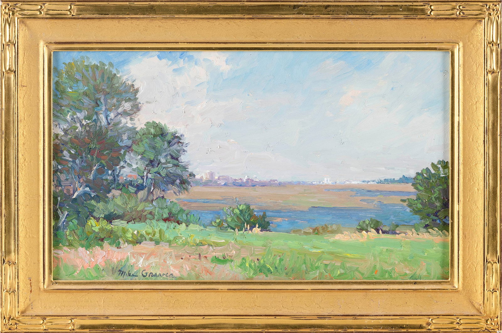 MICHAEL GRAVES (Massachusetts, 1952-), "Along the River"., Oil on masonite, 8.5" x 14.75". Framed: MICHAEL GRAVESMassachusetts, 1952-"Along the River". Signed lower left "Mike Graves". Housed in a Paul Goodnow frame.Oil on masonite, 8.5" x 14.75". Framed 12" x 18". Michael Graves is a nationally-re