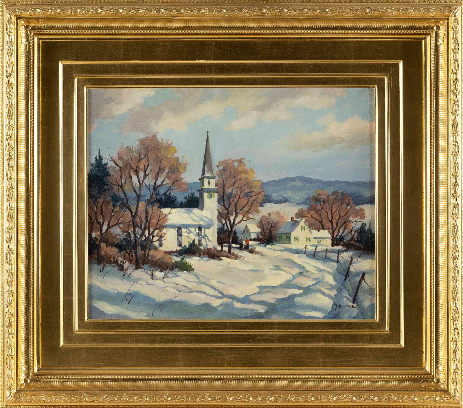 JOHN CUTHBERT HARE (Massachusetts/Florida, 1908-1978), "A Winter Landscape"., Oil on canvas, 16" x: JOHN CUTHBERT HAREMassachusetts/Florida, 1908-1978"A Winter Landscape". Signed lower right "John Hare". Titled in pencil verso. A rare oil by this prolific and quintessential New England artist.Oil on