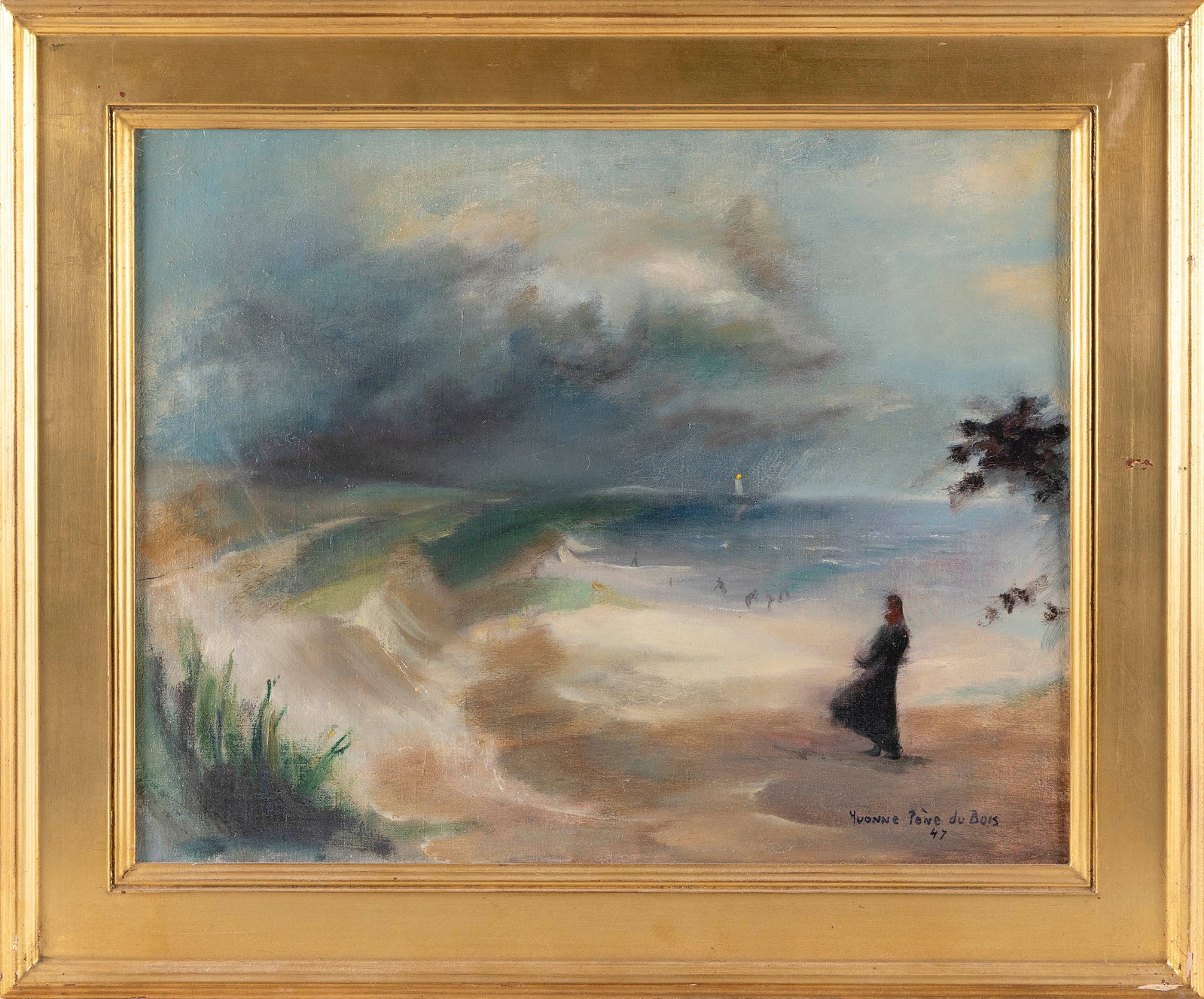 YVONNE PENE DU BOIS (New York, 1913-1997), Girl in a storm., Oil on canvas, 16" x 20". Framed 21" x: YVONNE PENE DU BOIS New York, 1913-1997 Girl in a storm. Signed and dated lower right "Yvonne Pene Du Bois 47". Oil on canvas, 16" x 20". Framed 21" x 25". Provenance: Graham Gallery, New York. Brock 
