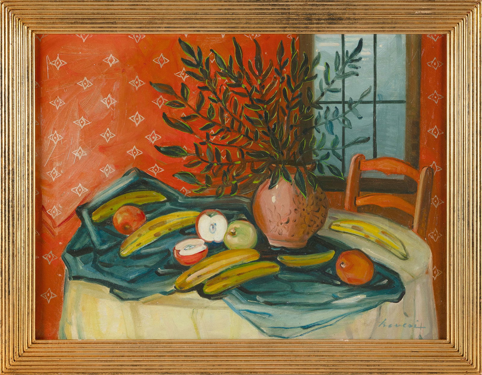 AMERICAN SCHOOL (Early 20th Century,), Tabletop still life of fruit and a vase of branches., Oil on (1 of 2)