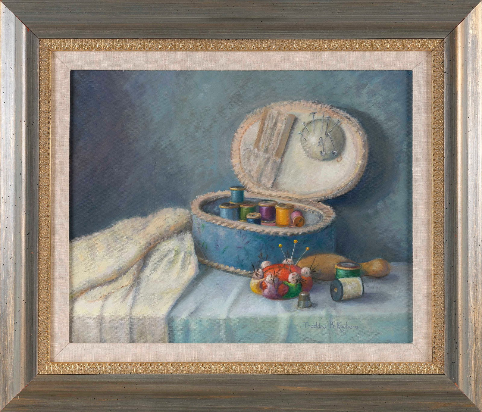 THADDEA BARSH KUCHERA (America, Contemporary), "Stitch in Time"., Oil on canvas, 16" x 20". Framed (1 of 2)