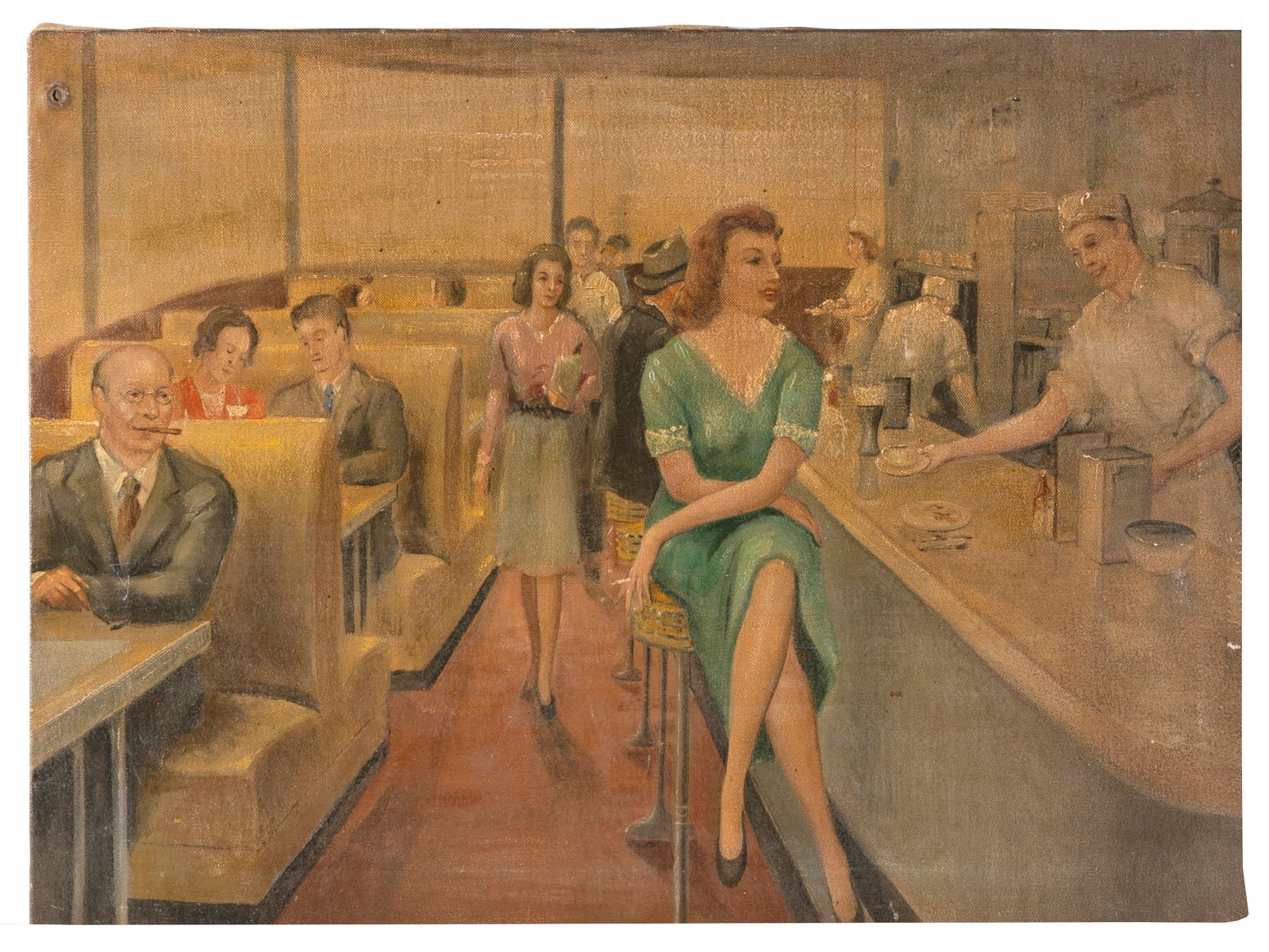 EDGARDO LUALDI (Massachusetts, 1912-1989), Inside a diner., Oil on canvas, 16" x 22". Unframed.: EDGARDO LUALDI Massachusetts, 1912-1989 Inside a diner. Oil on canvas, 16" x 22". Unframed.