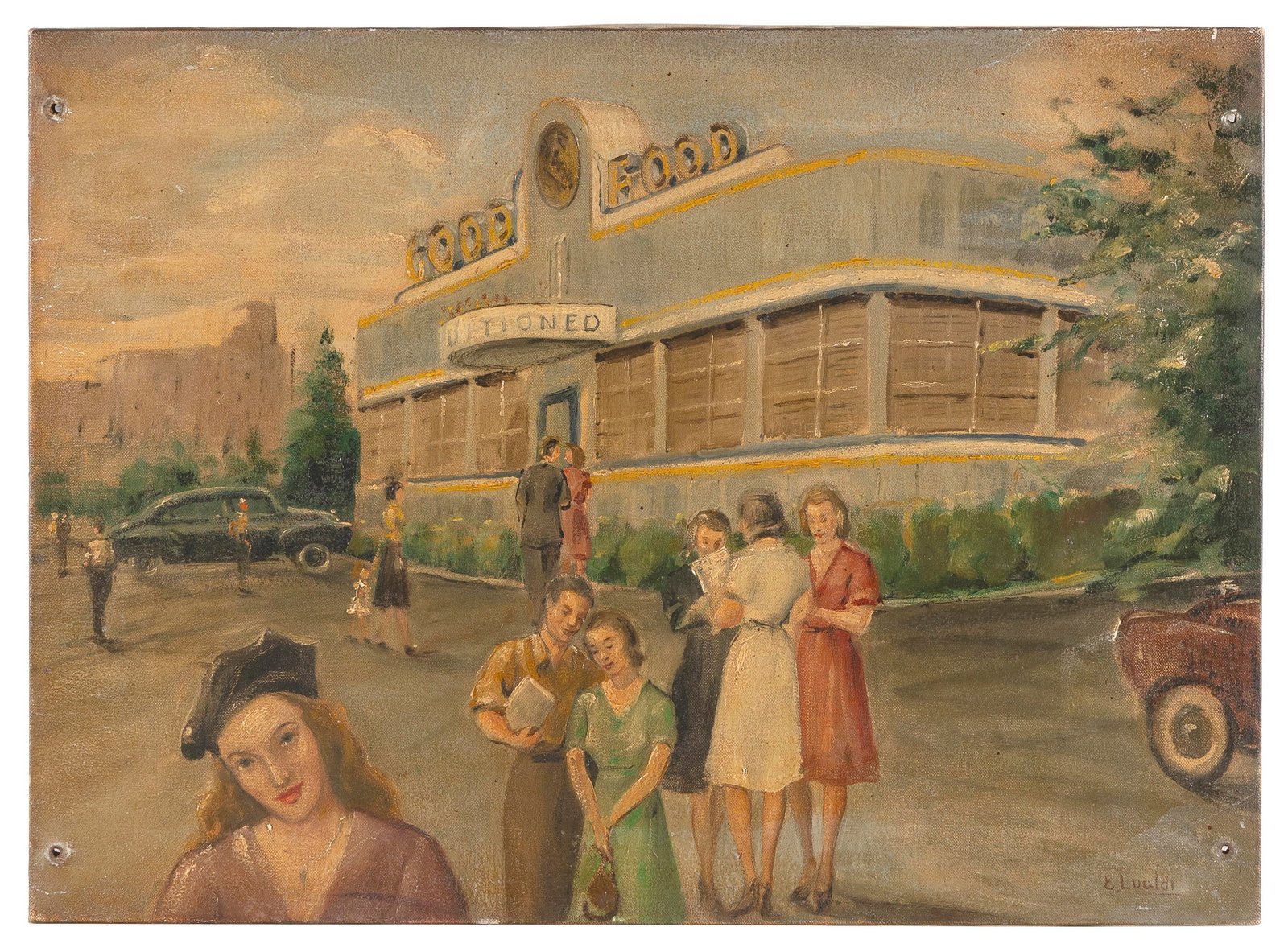 EDGARDO LUALDI (Massachusetts, 1912-1989), Outside a diner., Oil on canvas, 16" x 22". Unframed.: EDGARDO LUALDI Massachusetts, 1912-1989 Outside a diner. Signed lower right "E. Lualdi". Oil on canvas, 16" x 22". Unframed.