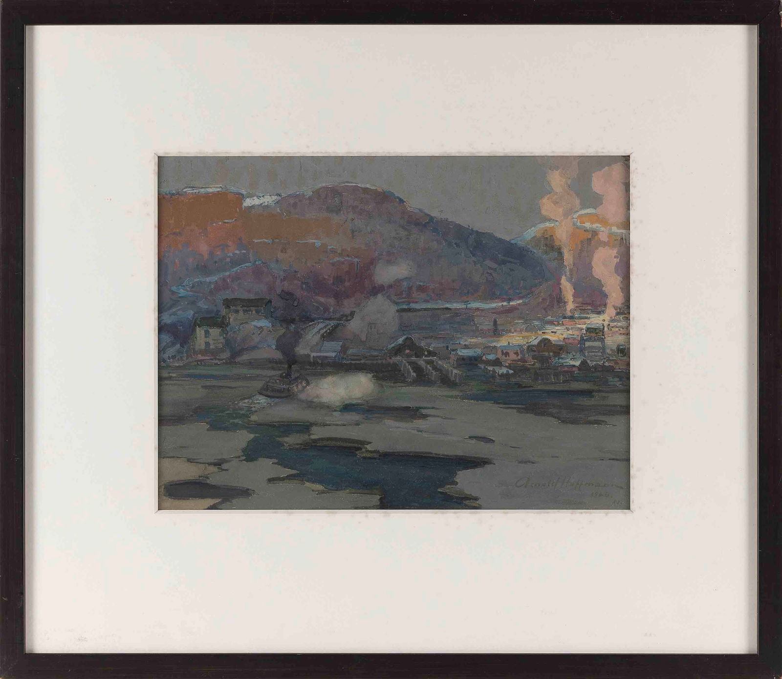 ARNOLD HOFFMANN (New York/New Jersey/Russian Federation, 1886-1966), Industrial harbor scene.,: ARNOLD HOFFMANNNew York/New Jersey/Russian Federation, 1886-1966Industrial harbor scene. Signed lower right "Arnold Hoffman".Watercolor on paper, 13" x 17.5" sight. Framed 25.5" x 29.5".