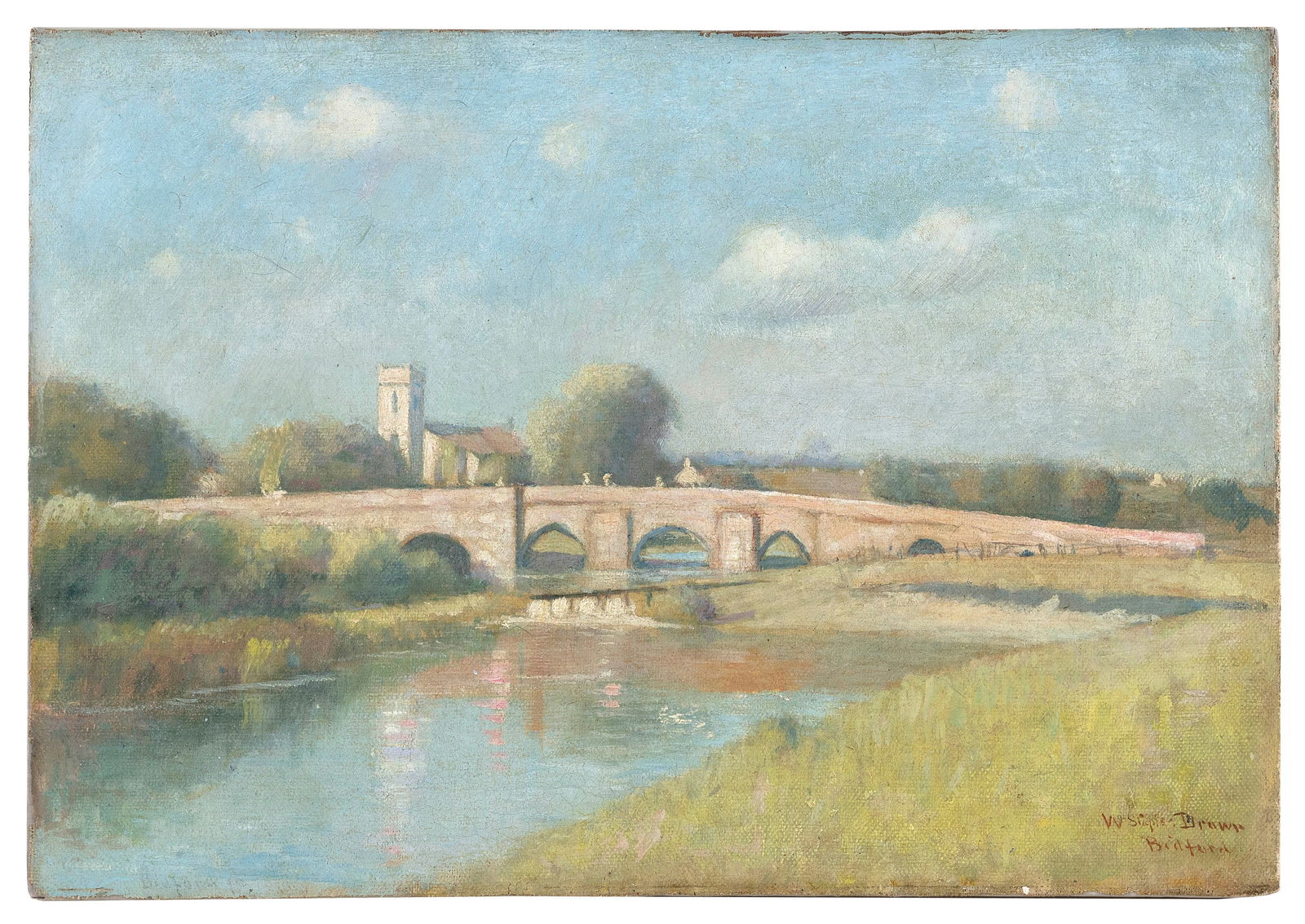 WILLIAM STAPLES DROWN (Rhode Island/Massachusetts, 1856-1915), "Bradford Bridge Church"., Oil on (1 of 2)