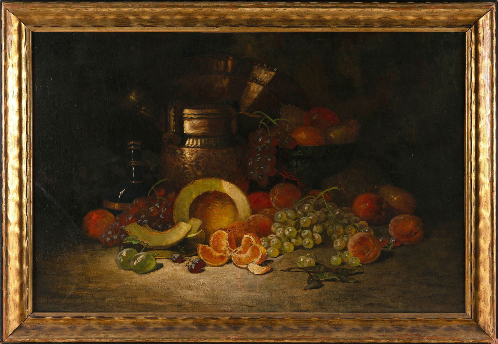 GEORGE WILLIAM WHITAKER (Rhode Island/New York/Massachusetts, 1841-1916), Opulent still life of: GEORGE WILLIAM WHITAKERRhode Island/New York/Massachusetts, 1841-1916Opulent still life of fruit. Oil on canvas, 26" x 40". Framed 32" x 45".