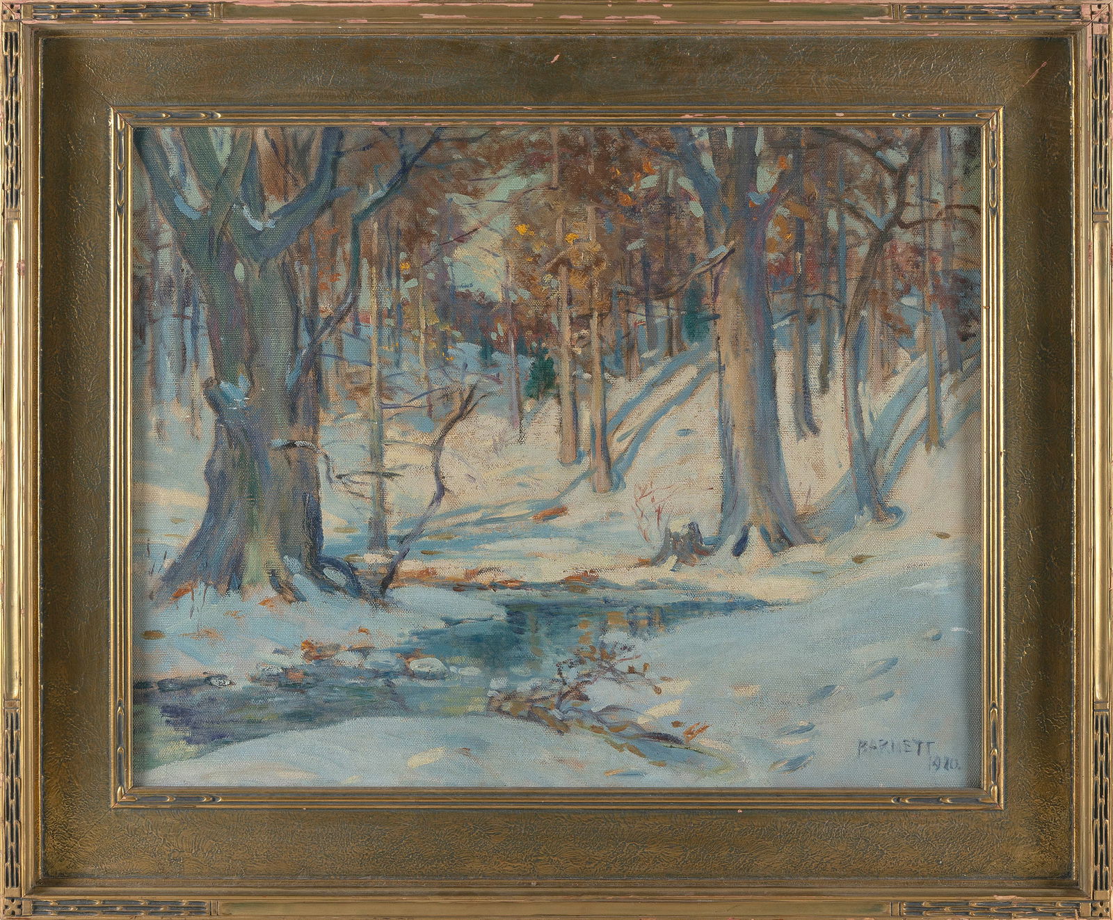 THOMAS P. BARNETT (Missouri/Massachusetts, 1870-1929), "Snow Scene"., Oil on canvas, 22" x 28". (1 of 2)