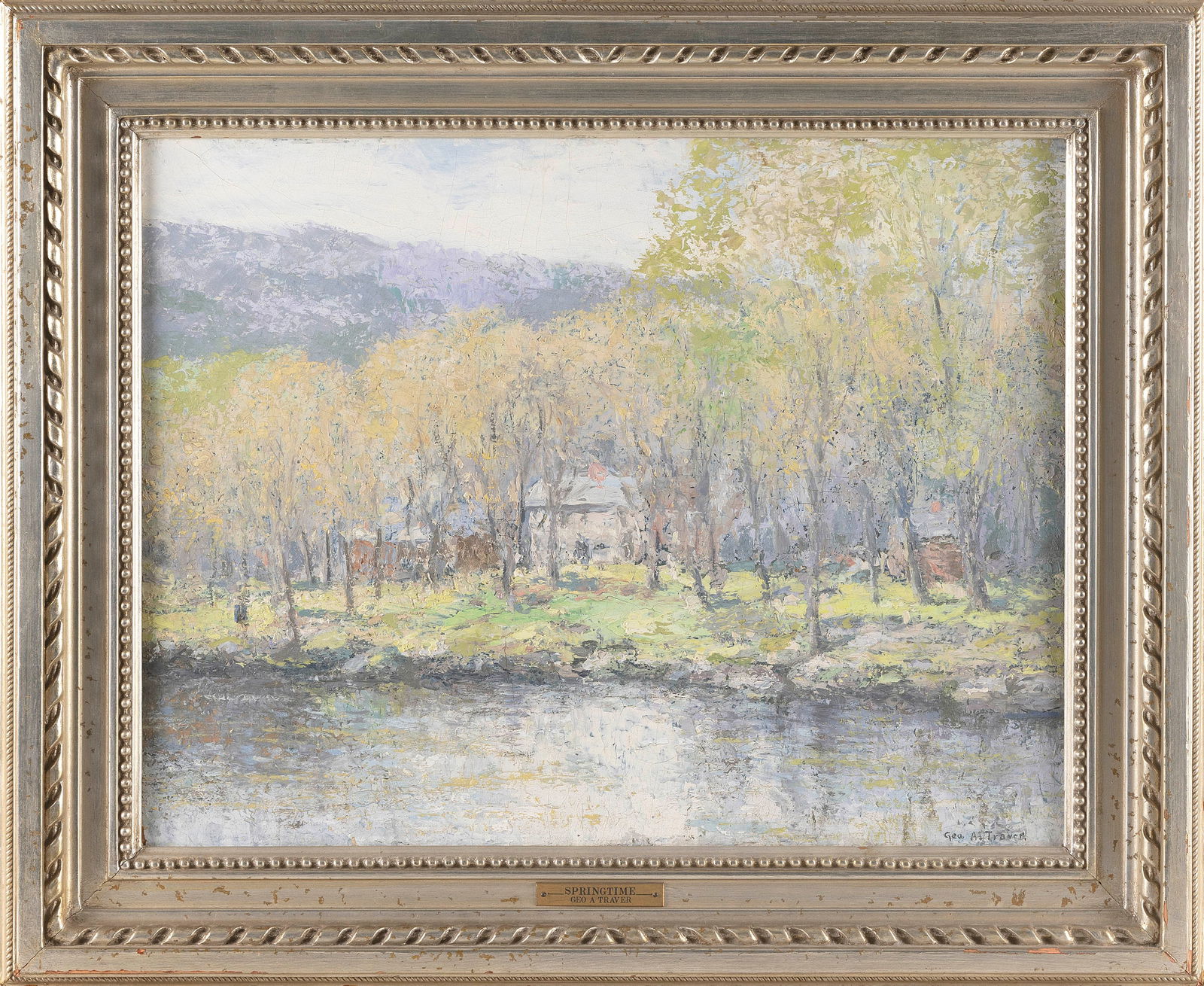 GEORGE A. TRAVER (New York, 1864-1928), "The Mill Pond, Williamsburg, Massachusetts 1922"., Oil on: GEORGE A. TRAVERNew York, 1864-1928"The Mill Pond, Williamsburg, Massachusetts 1922". Signed lower right "Geo. A. Traver". Titled verso. Housed in a Newcomb-Macklin frame.Oil on masonite, 17" x 22". F