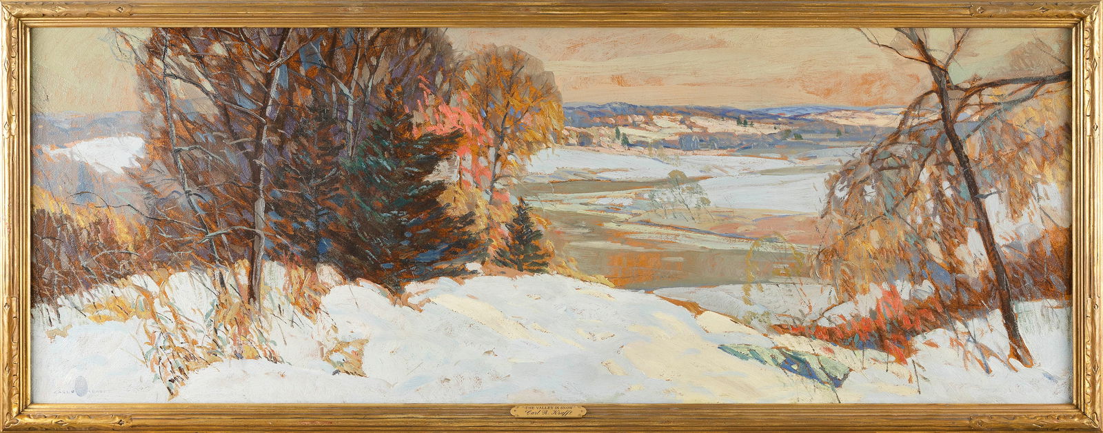 CARL RUDOLPH KRAFFT (Illinois/Pennsylvania/Ohio, 1884-1938), "The Valley in Snow"., Oil on canvas,: CARL RUDOLPH KRAFFTIllinois/Pennsylvania/Ohio, 1884-1938"The Valley in Snow". Signed lower left "Carl R. Krafft" flanking the artist's thumbprint. Titled in artist's hand verso. Retains original sales
