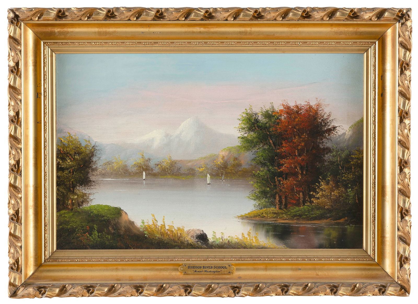 HUDSON RIVER SCHOOL (19th Century,), River scene., Oil on board, 14" x 22". Framed 20" x 30". (1 of 2)