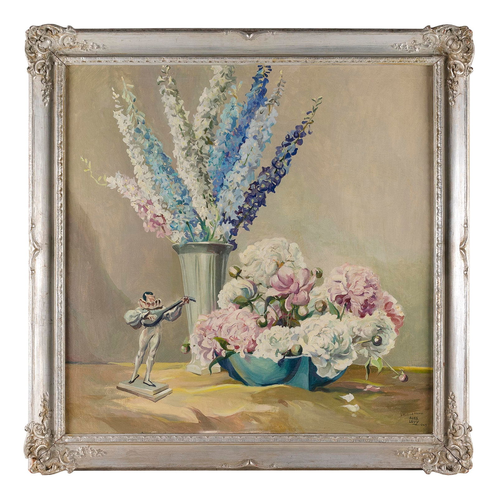 ALEXANDER OSCAR LEVY (New York/Ohio, 1881-1947), Floral still life., Oil on canvas, 36" x 36".: ALEXANDER OSCAR LEVYNew York/Ohio, 1881-1947Floral still life. Signed and dated lower right "Alex Levy 1945".Oil on canvas, 36" x 36". Framed 42.5" x 42.5".