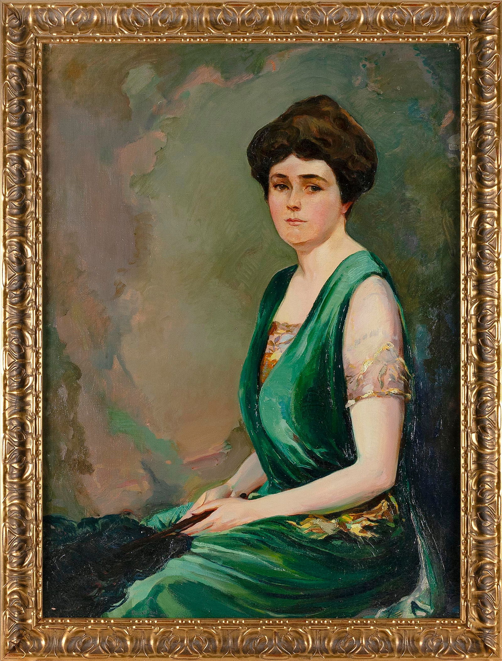 ALEXANDER OSCAR LEVY (New York/Ohio, 1881-1947), Portrait of an elegant lady in a green dress., Oil (1 of 3)