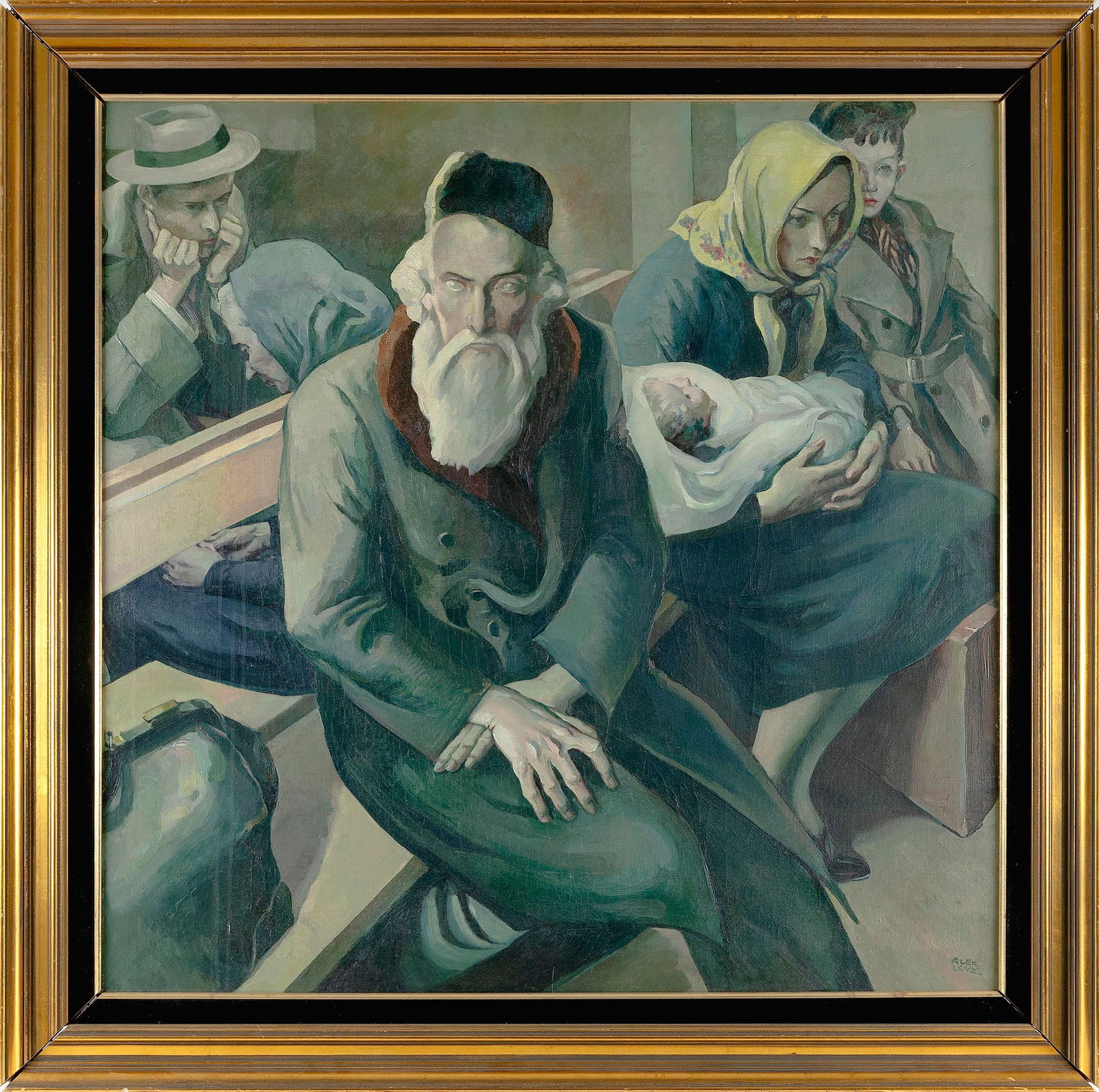 ALEXANDER OSCAR LEVY (New York/Ohio, 1881-1947), Waiting, Ellis Island., Oil on canvas, 40" x 40".: ALEXANDER OSCAR LEVYNew York/Ohio, 1881-1947Waiting, Ellis Island. Signed lower right "Alex Levy".Oil on canvas, 40" x 40". Framed 48" x 48".