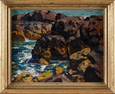 PAUL DOUGHERTY (California/New York/France, 1877-1947), Rocks at half tide., Oil on board, 12.5" x: PAUL DOUGHERTYCalifornia/New York/France, 1877-1947Rocks at half tide. Signed lower right "Paul Dougherty".Oil on board, 12.5" x 16". Framed 16" x 19".