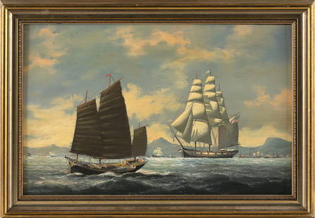 SALVATORE COLACICCO (Italy/United Kingdom/Canada, 1935-), Schooner and junk off the coast., Oil on: SALVATORE COLACICCOItaly/United Kingdom/Canada, 1935-Schooner and junk off the coast. Signed lower right "Salvatore Colacicco".Oil on board, 8.5" x 13.5". Framed 11" x 16".