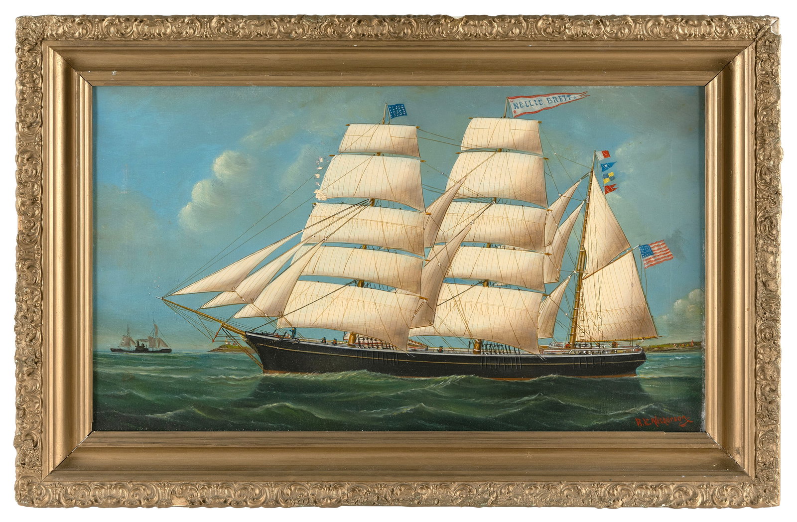 REGINALD EUGENE NICKERSON (Massachusetts, 1915-1999), The Nellie Brett., Oil on canvas, 16" x 28". (1 of 2)