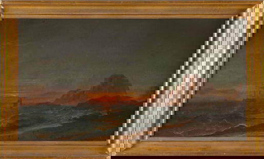 DANIEL CHARLES GROSE (Washington, D.C./New York/Canada, 1838-1900), "Sunset on the Coast of Maine".,: DANIEL CHARLES GROSEWashington, D.C./New York/Canada, 1838-1900"Sunset on the Coast of Maine". Signed lower right "D.C. Grose". Titled in a later hand verso.Oil on board, 12.5" x 23.5". Framed 16" x 2