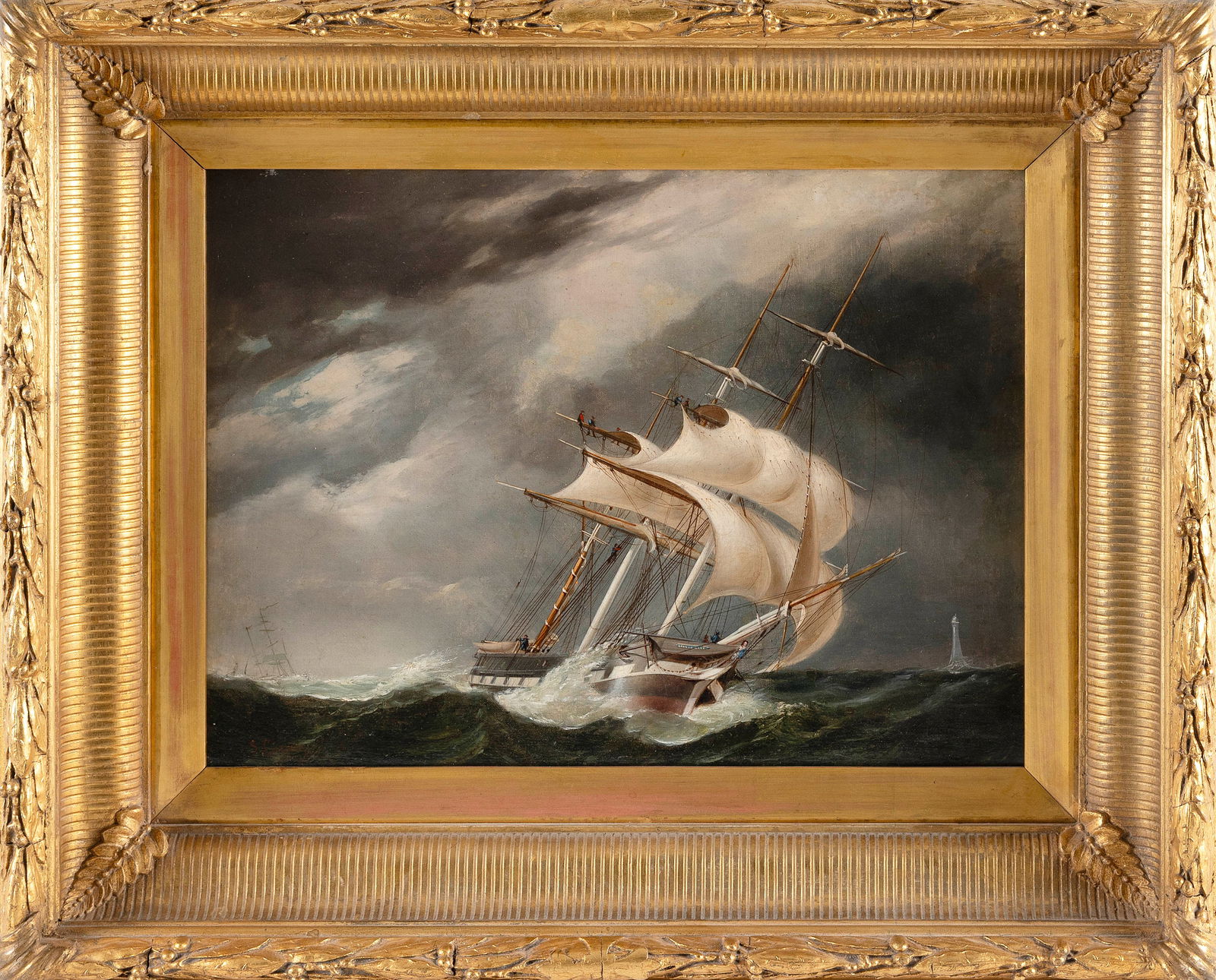 FREDERIC SCHILLER COZZENS (New York, 1846-1928), Ship off a lighthouse under dramatic skies., Oil on: FREDERIC SCHILLER COZZENSNew York, 1846-1928Ship off a lighthouse under dramatic skies. Signed lower left "F.S. Cozzens".Oil on canvas, 14.5" x 20". Framed 22.5" x 27.5".