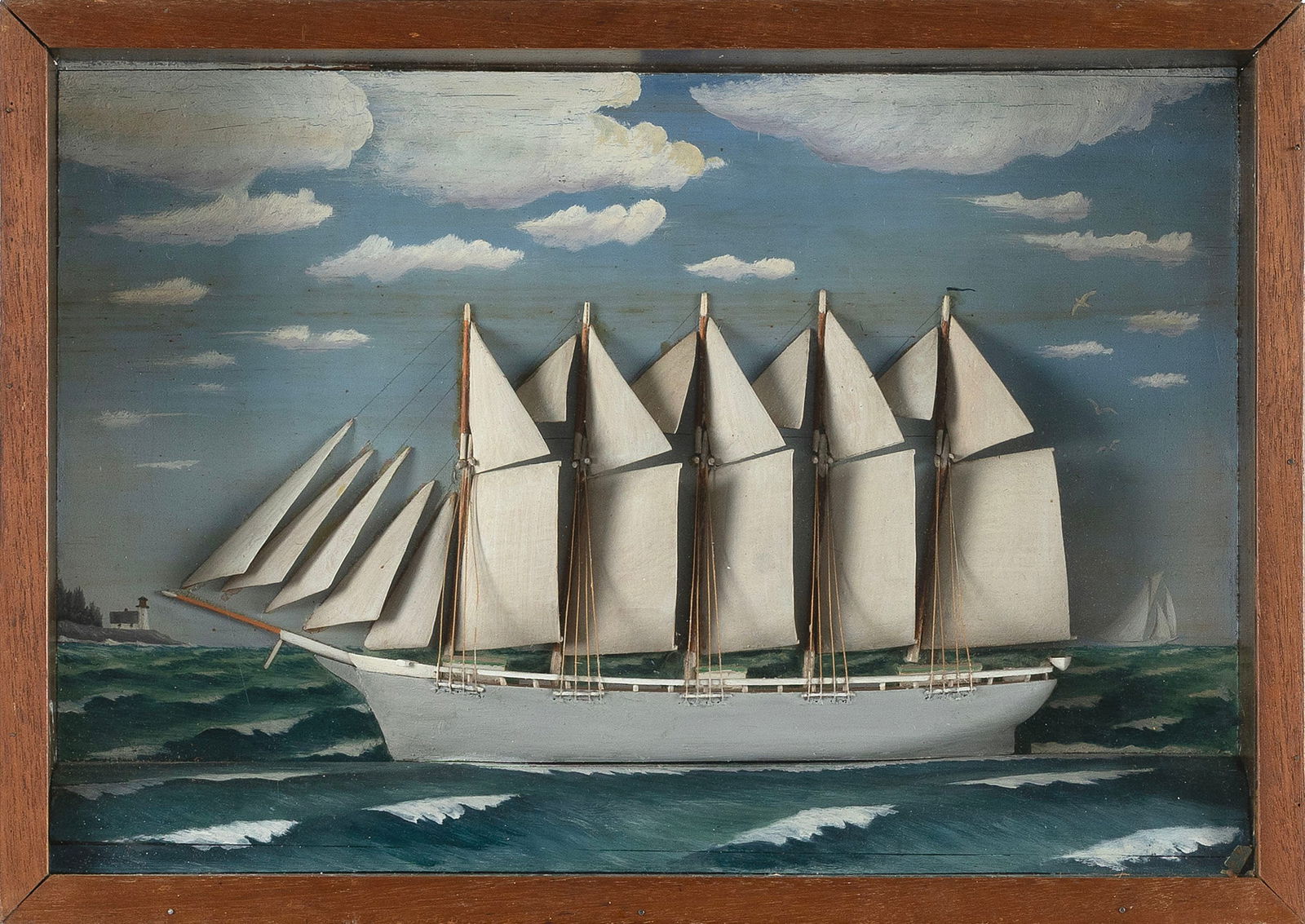 SHADOW BOX MODEL OF A FIVE-MASTED SCHOONER Early 20th Century Height 13.5". Width 18.5". Depth 3". (1 of 2)