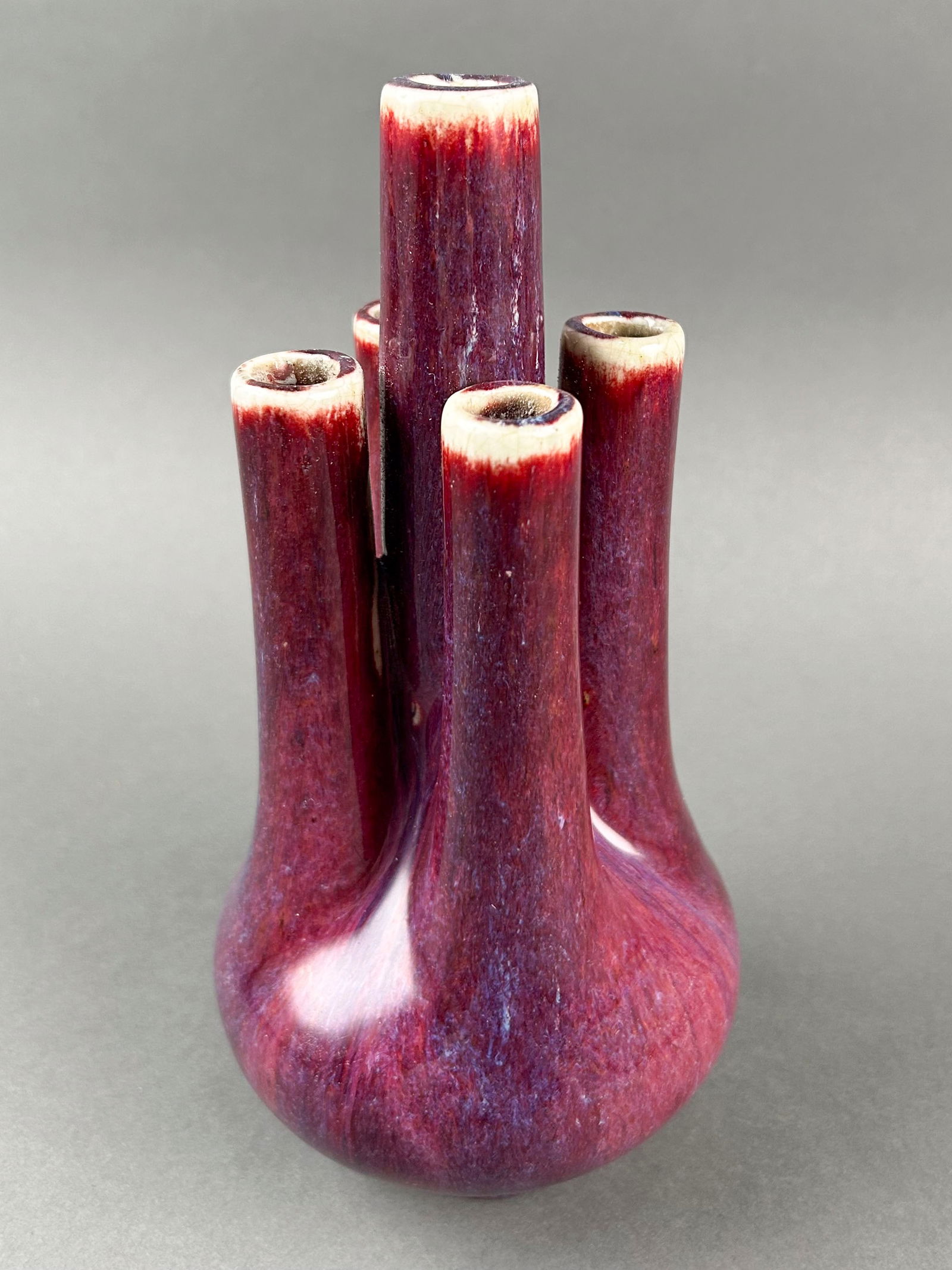 CHINESE FLAMBE GLAZE PORCELAIN FIVE-SPOUTED VASE Early 20th Century Height 8.5". (1 of 8)