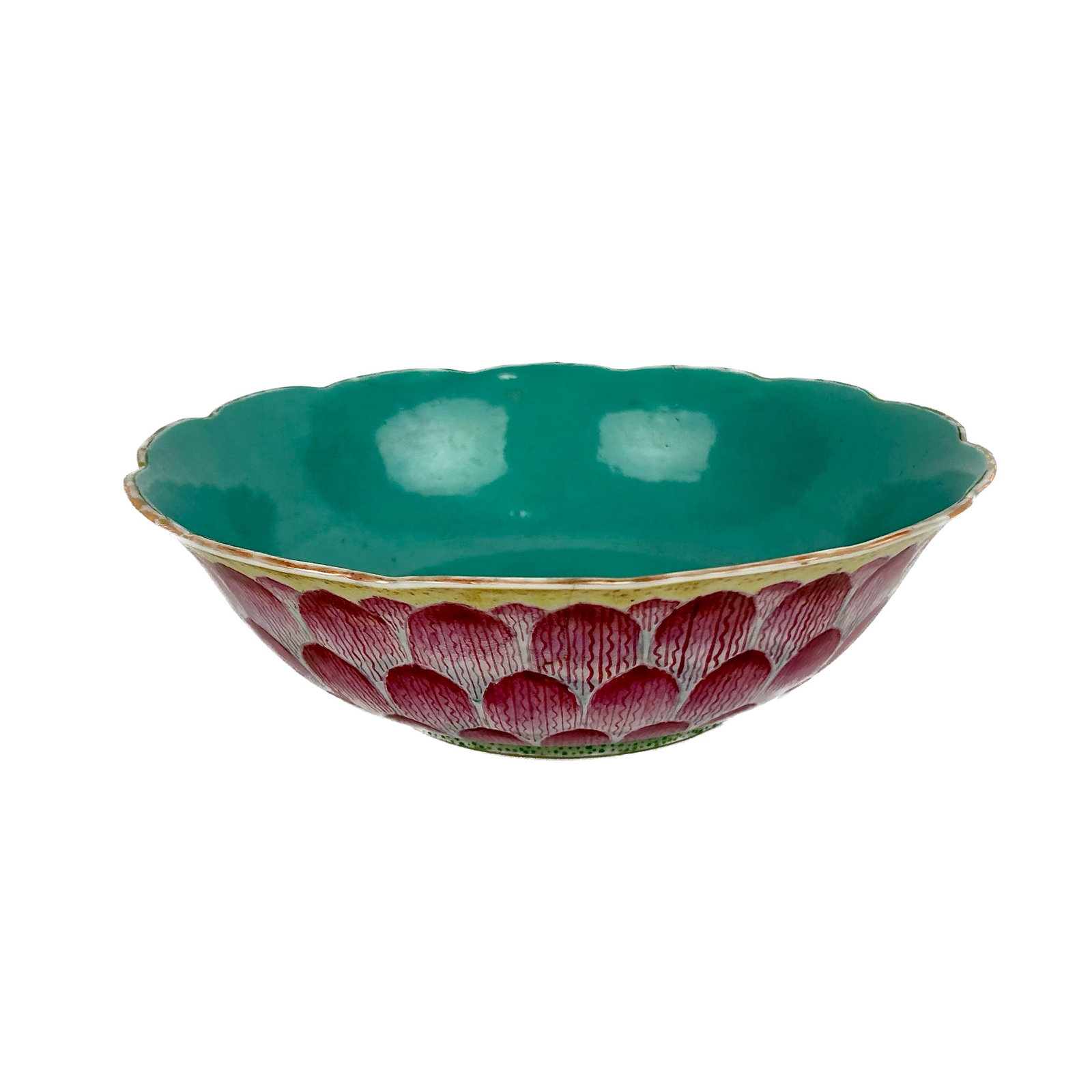 CHINESE FAMILLE ROSE PORCELAIN LOTUS BOWL Late 19th Century Height 2.5". Diameter 8".: CHINESE FAMILLE ROSE PORCELAIN LOTUS BOWL Late 19th Century Six-character Qianlong mark on base. Height 2.5". Diameter 8".