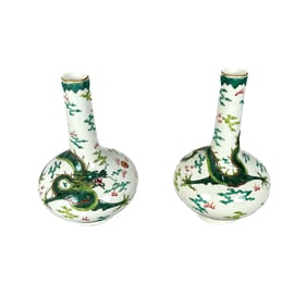PAIR OF CHINESE POLYCHROME PORCELAIN DRAGON BOTTLE VASES 19th Century Heights 8.5".