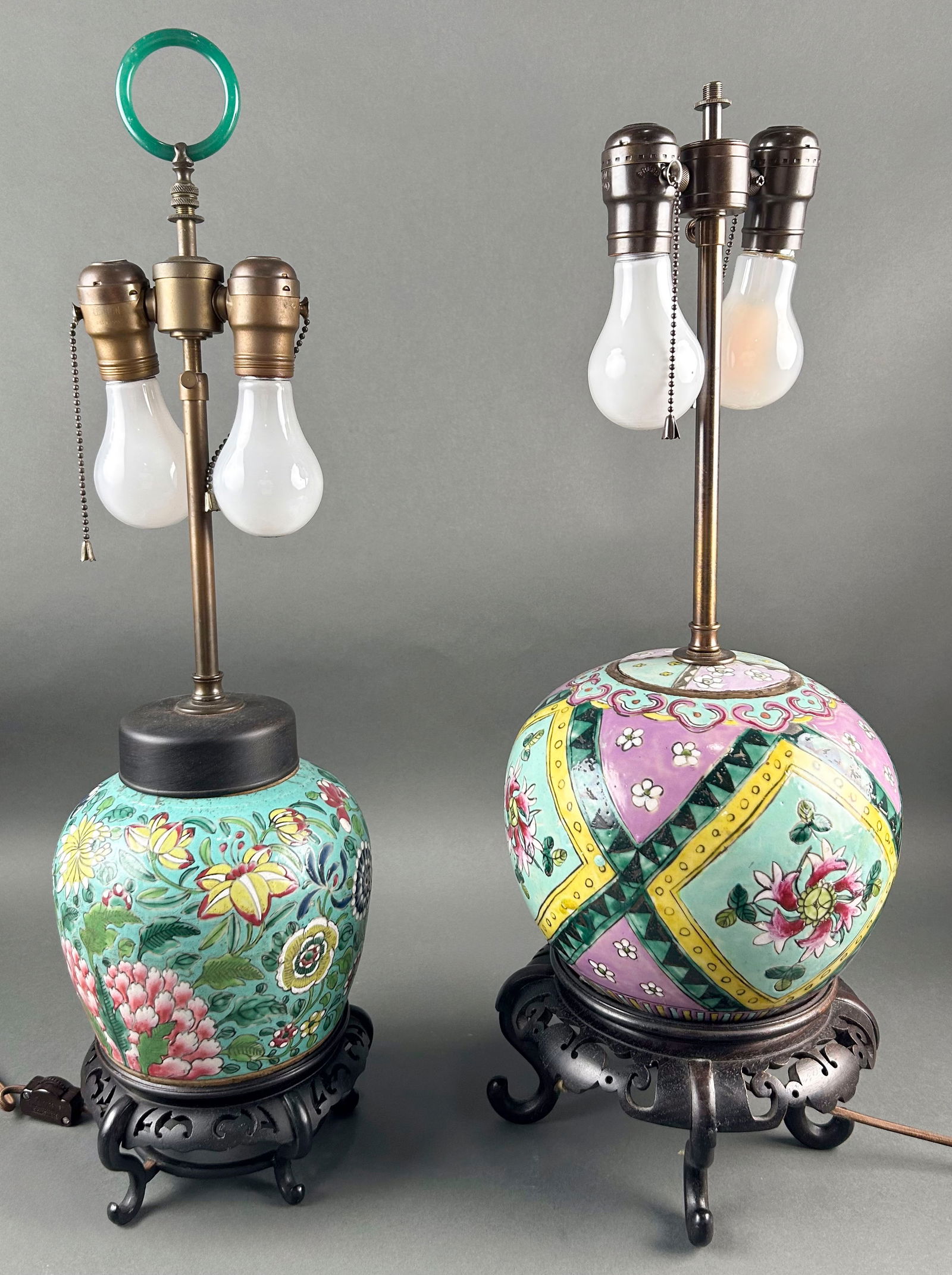TWO CHINESE FAMILLE ROSE PORCELAIN GINGER JARS MOUNTED AS TABLE LAMPS 19th Century Vase heights 7" (1 of 2)