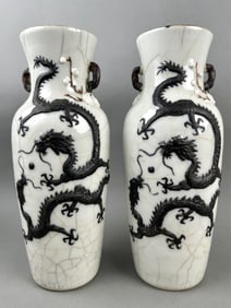 PAIR OF CHINESE CRACKLEWARE PORCELAIN DRAGON VASES Qing Dynasty Heights 12".