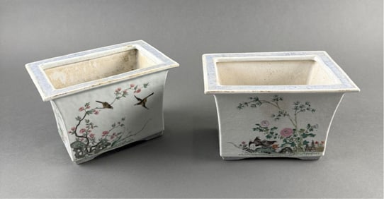 PAIR OF CHINESE FAMILLE ROSE PORCELAIN RECTANGULAR JARDINIERES Mid-19th Century Heights 5.5".