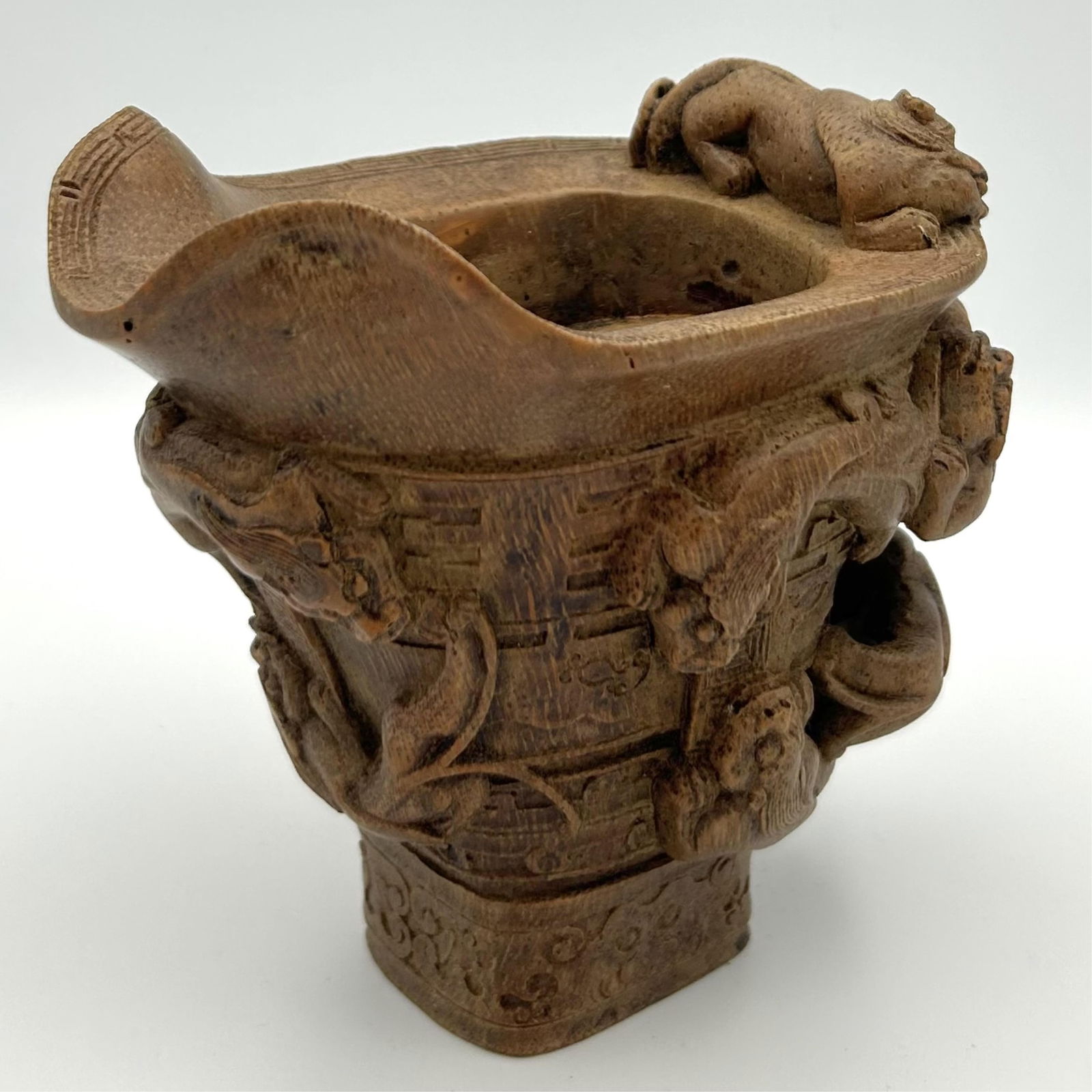 CHINESE CARVED BAMBOO LIBATION CUP Late 19th/Early 20th Century Height 5". Length 5". (1 of 6)