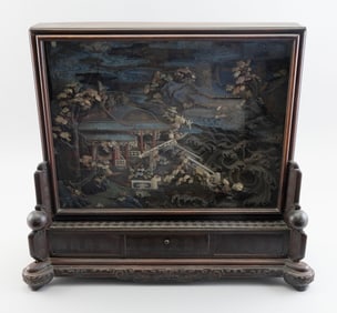 CHINESE TABLE SCREEN IN A SHADOW BOX BASE Late 18th Century Height 20". Width 23". Depth 7.5".