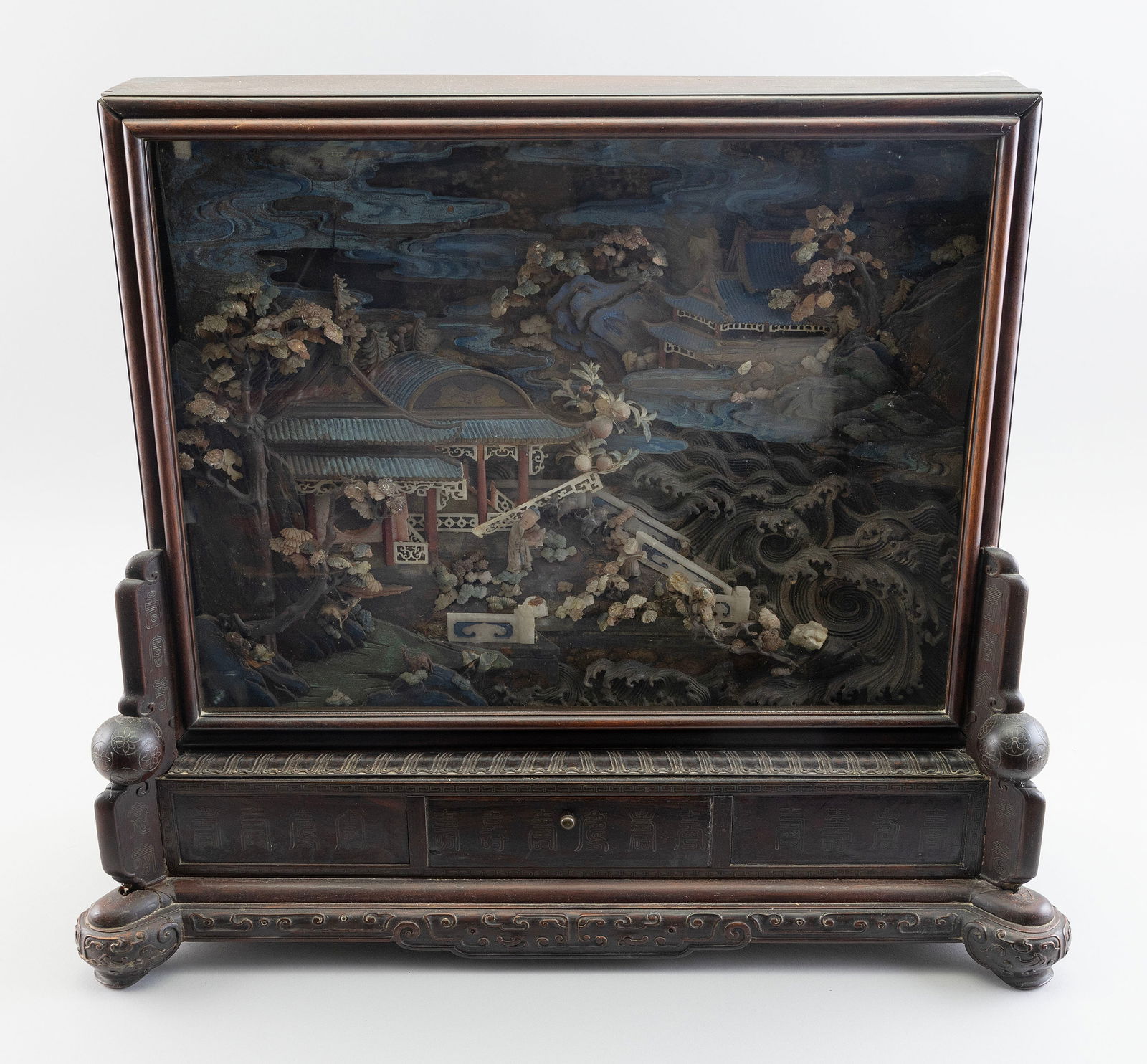 CHINESE TABLE SCREEN IN A SHADOW BOX BASE Late 18th Century Height 20". Width 23". Depth 7.5". (1 of 19)