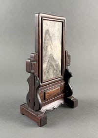 CHINESE MINIATURE DREAMSTONE TABLE SCREEN 19th Century Stone 5.5" x 3". Stand height 9.5". Width