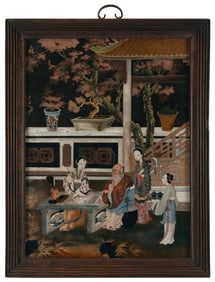 CHINESE EXPORT REVERSE PAINTING ON GLASS Late 19th Century 22.25" x 17". Framed 21" x 26".