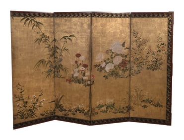 JAPANESE FOUR-PANEL SCREEN Meiji Period Height 65". Width of each panel 23". Length opened 92".