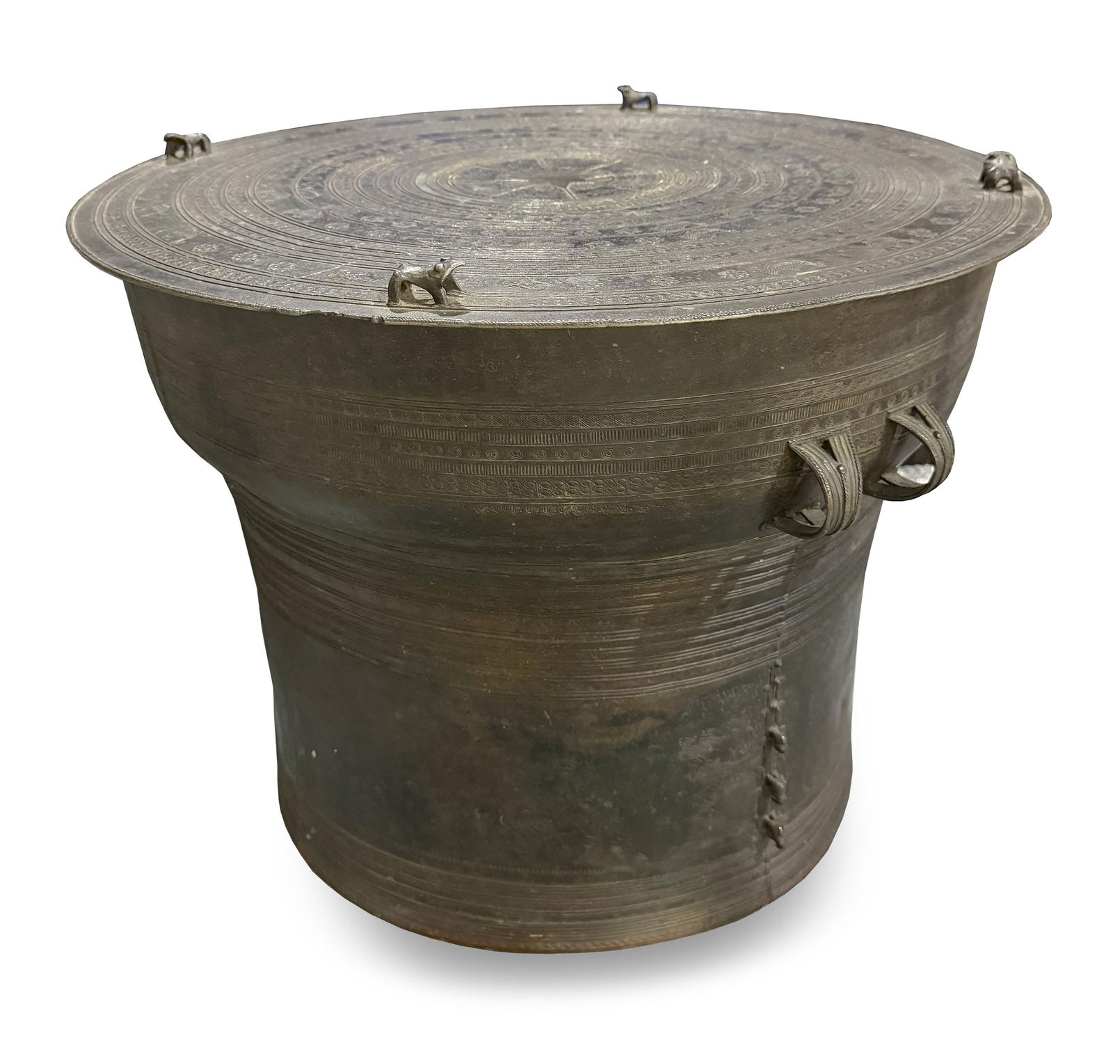 SOUTHEAST ASIAN SHAN-STYLE BRONZE RAIN DRUM Height 20". Diameter of top 26.25". (1 of 7)