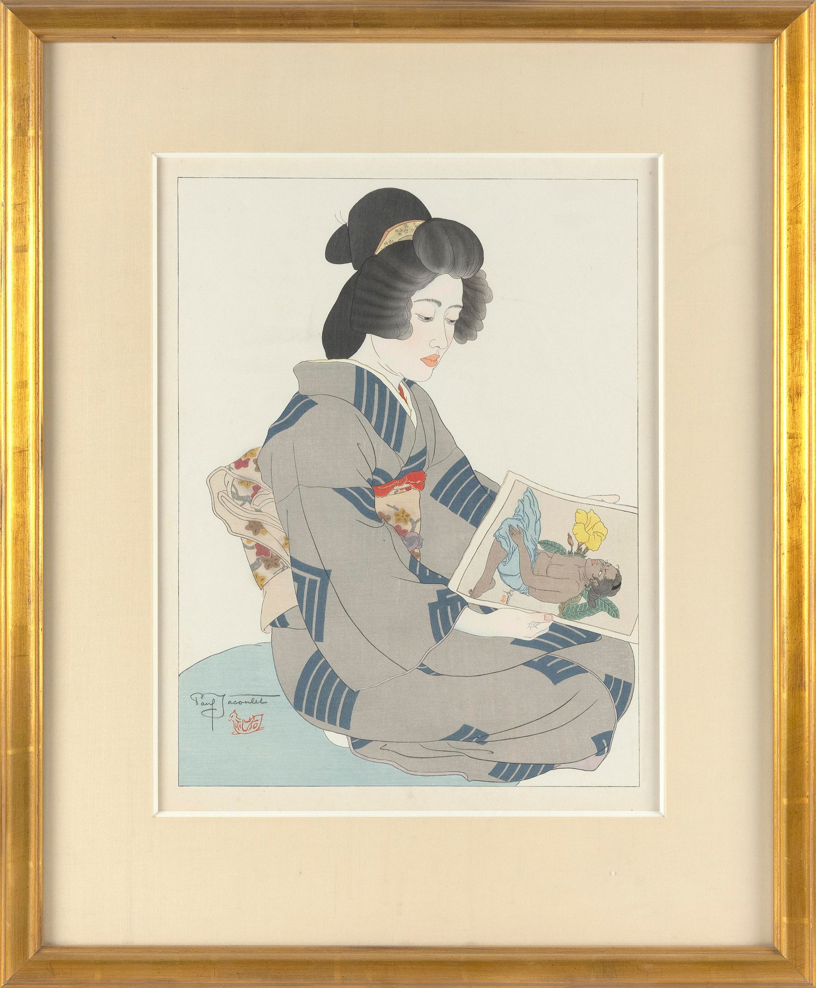 PAUL JACOULET (France/Japan, 1902-1960), La Geisha Kiyoka. Tokyo. (#20)., Woodblock print, 16.5" x: PAUL JACOULETFrance/Japan, 1902-1960La Geisha Kiyoka. Tokyo. (#20). Signed in pencil lower left above the Mandarin Duck seal. No seals or titles noted. Number obscured.Woodblock print, 16.5" x 13" sig