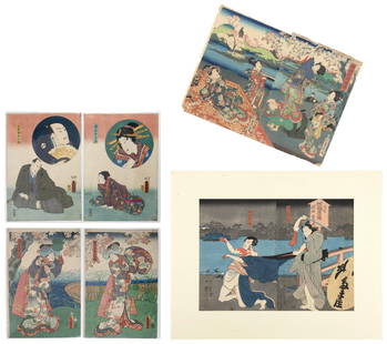 FOUR JAPANESE WOODBLOCK PRINT DIPTYCHS 19th Century: FOUR JAPANESE WOODBLOCK PRINT DIPTYCHS19th Century1) Tama-ya Shinbe Attacking Kyujuro by the Bridge by Utagawa Kuniyoshi (1798-1861). 14" x 19" sight. Matted 21" x 26".2) Two panels from the triptych
