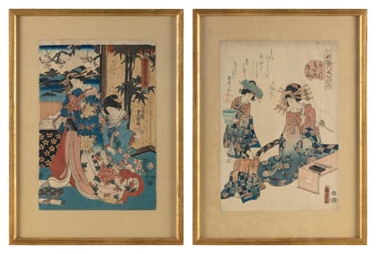 UTAGAWA KUNISADA (Japan, 1786-1864), Two works:, Woodblock prints, oban tate-e, 14.5" x 10". Framed