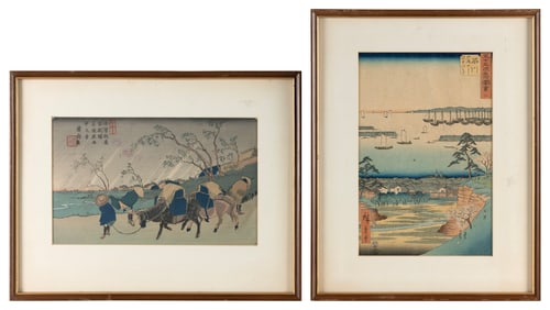 TWO JAPANESE WOODBLOCK PRINTS Edo Period Framed 14.5" x 19".