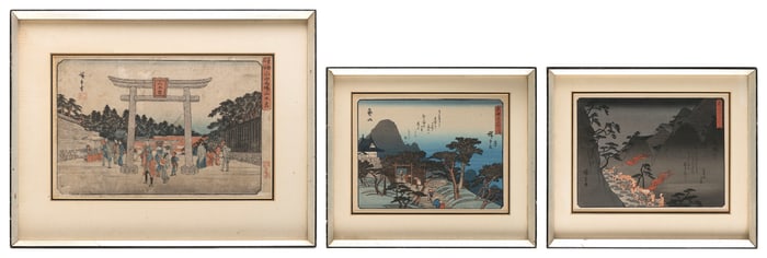 UTAGAWA HIROSHIGE (Japan, 1797-1858), Three works:, Woodblock prints, two 8" x 10" sight and one 9"