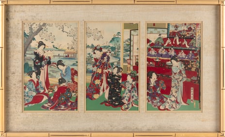 TOYOHARA CHIKANOBU (Japan, 1838-1912), Triptych depicting ladies in a courtyard setting., Woodblock