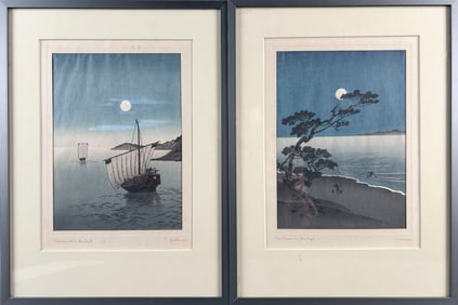 YOSHIMUNE ARAI (Japan, 1863-1941), Two night views of the coast:, Woodblock prints, 9" x 6.5" sight.