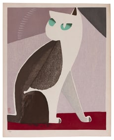 TOMOO INAGAKI (Japan, 1902-1980), Seated Cat., Woodblock print, 23" x 19". Unframed.