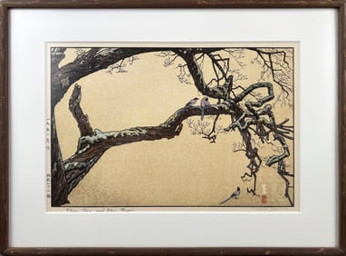 TOSHI YOSHIDA (Japan, 1911-1995), Plum Tree and Blue Magpie., Woodblock print, oban yoko-e, 10" x
